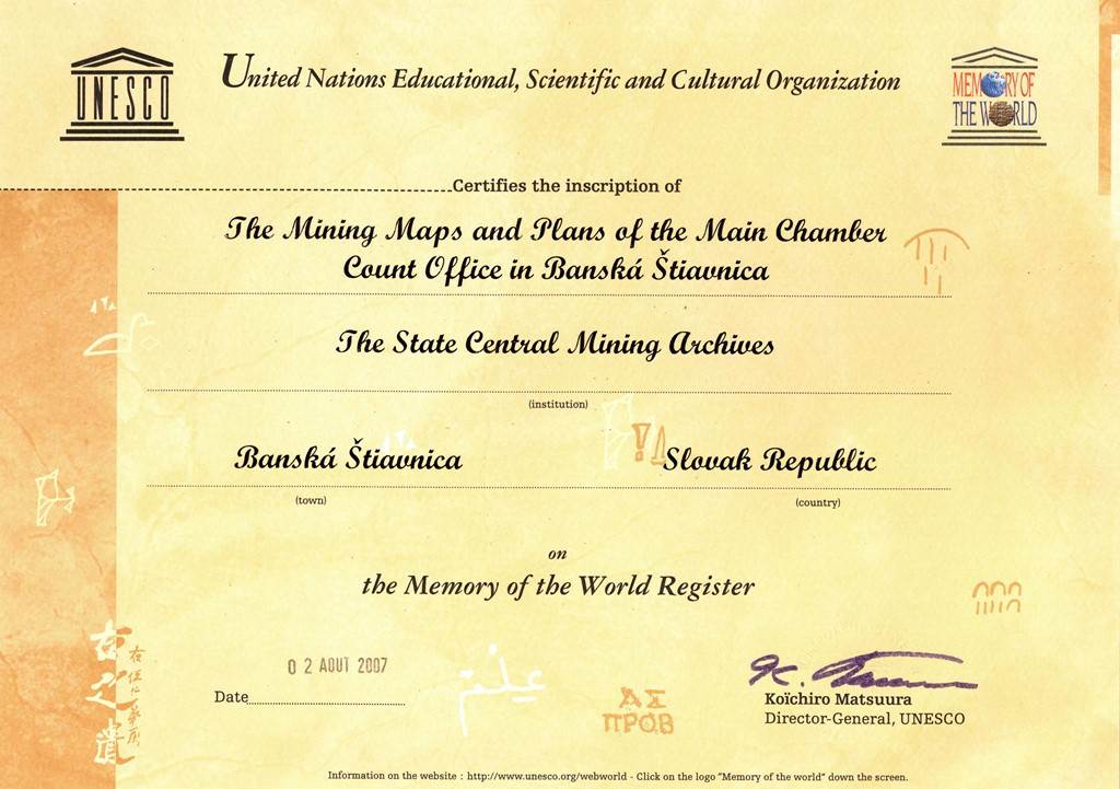 Certifikát zápisu banských máp do Svetového registra UNESCO