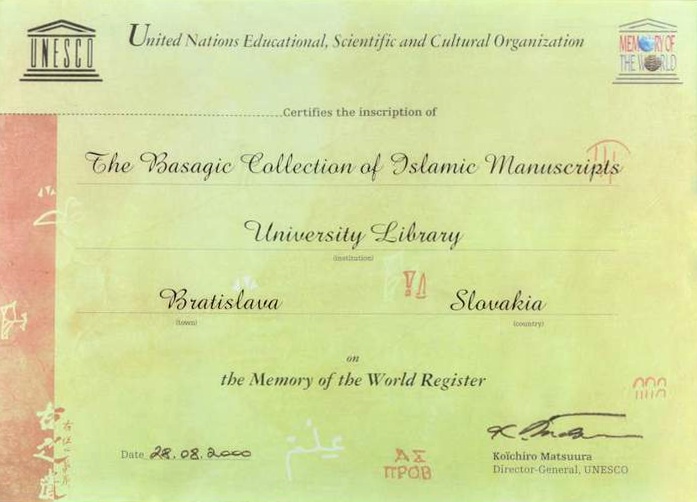 Certifikát zápisu Bašagicovej kolekcie islamských rukopisov do Svetového registra UNESCO